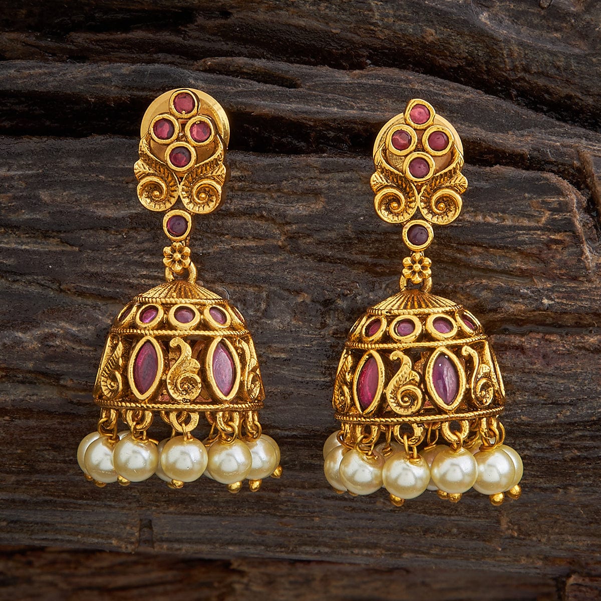 Buy Kushal's Fashion Jewellery Gold-Plated Jhumka Earrings with Hued Stone  Embellishments, Traditional Design and Intricate Jaali Detailing with White  Pearl Hangings | Antique Earrings at Amazon.in