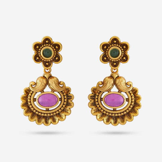 Antique temple earrings with green and pink stones, floral motif, front view.