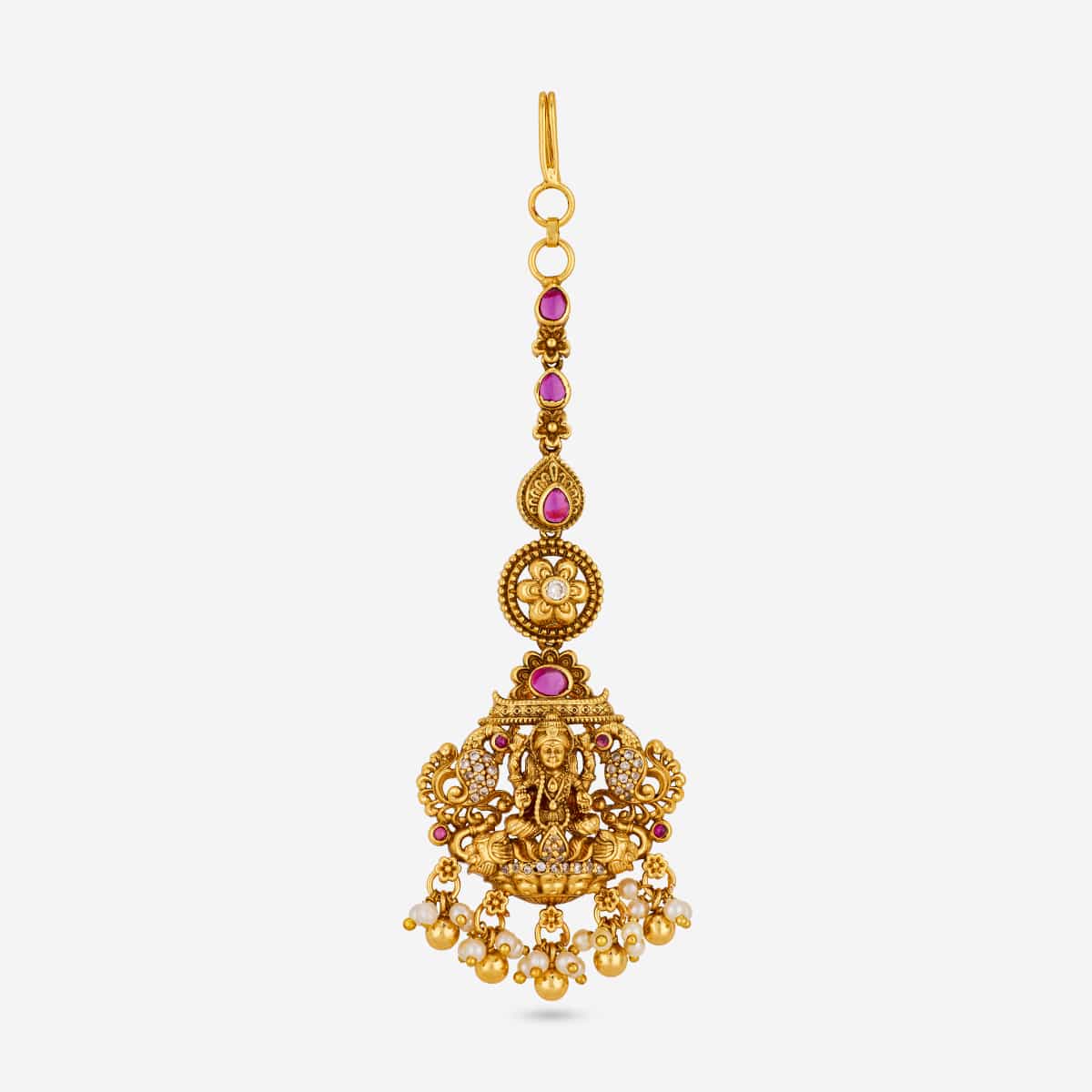Antique tikka with deity motif, pink stones, on white background.
