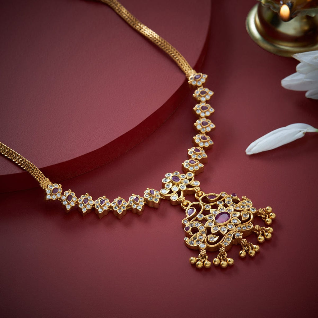 Simple Ruby Stone Floral Necklace - South Indian Temple Jewellery | Arjunazz