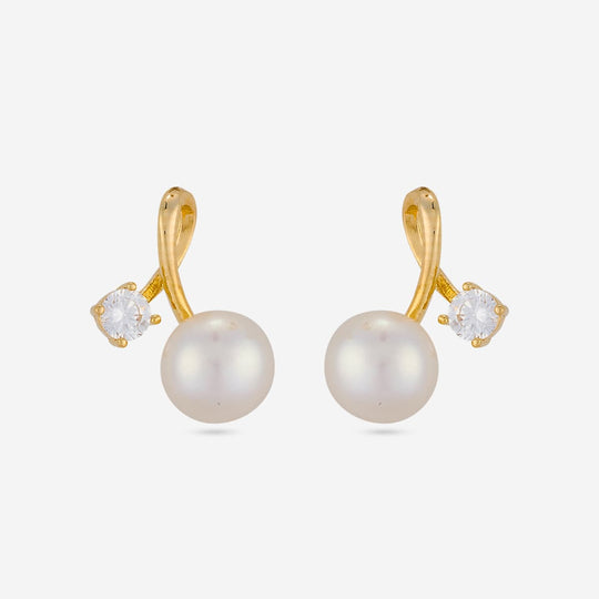 Pair of gold-tone stud earrings with pearl and zircon stones on white background.