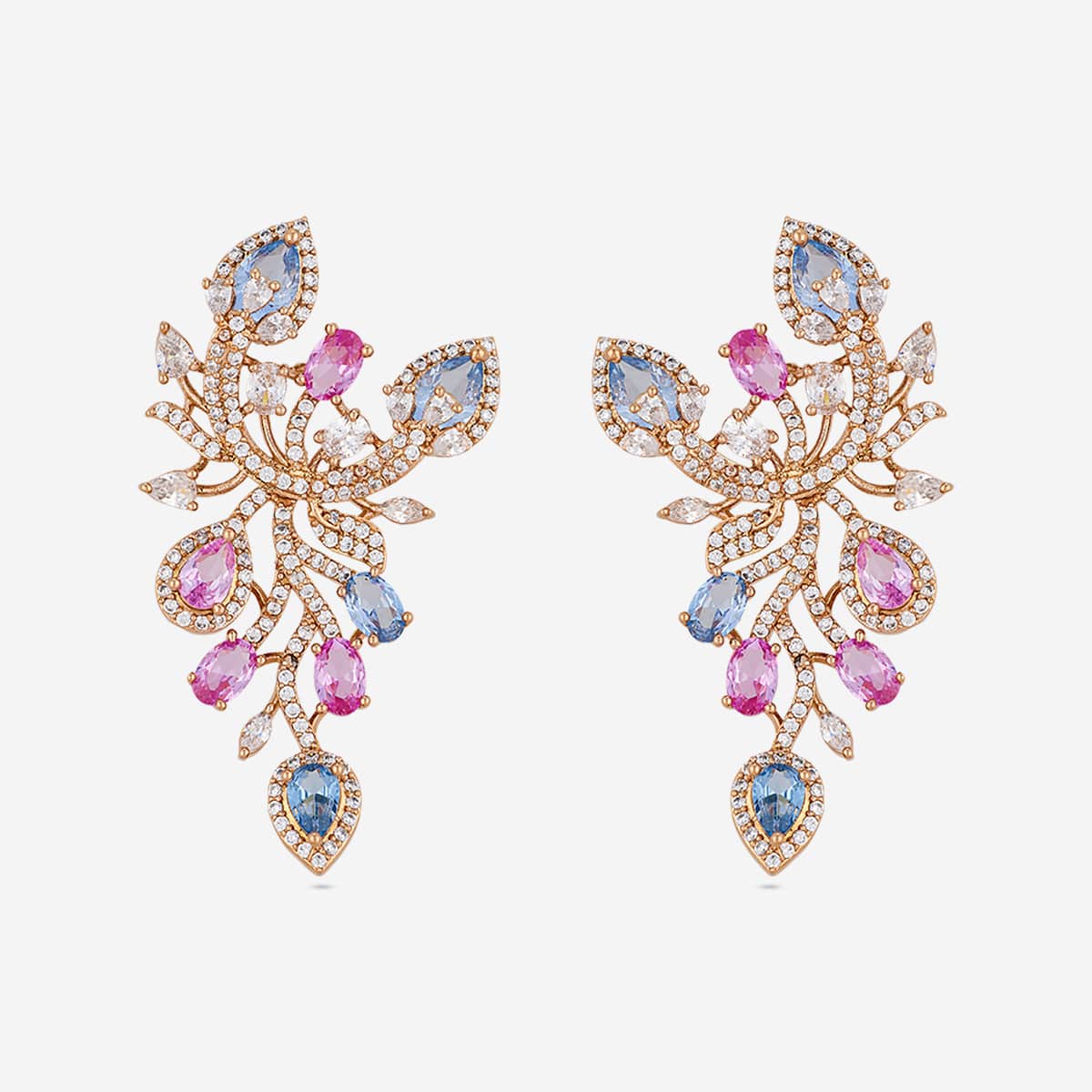 Pink and blue zircon earrings with floral motif and gold-tone finish, front view.