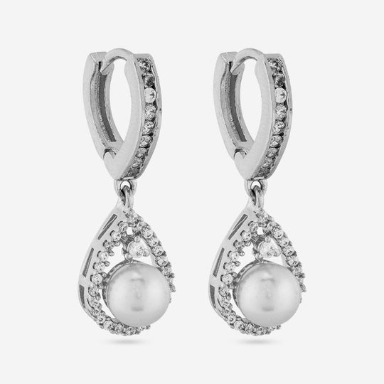 Silver-tone zircon teardrop hoop earrings with white stones, close-up view.