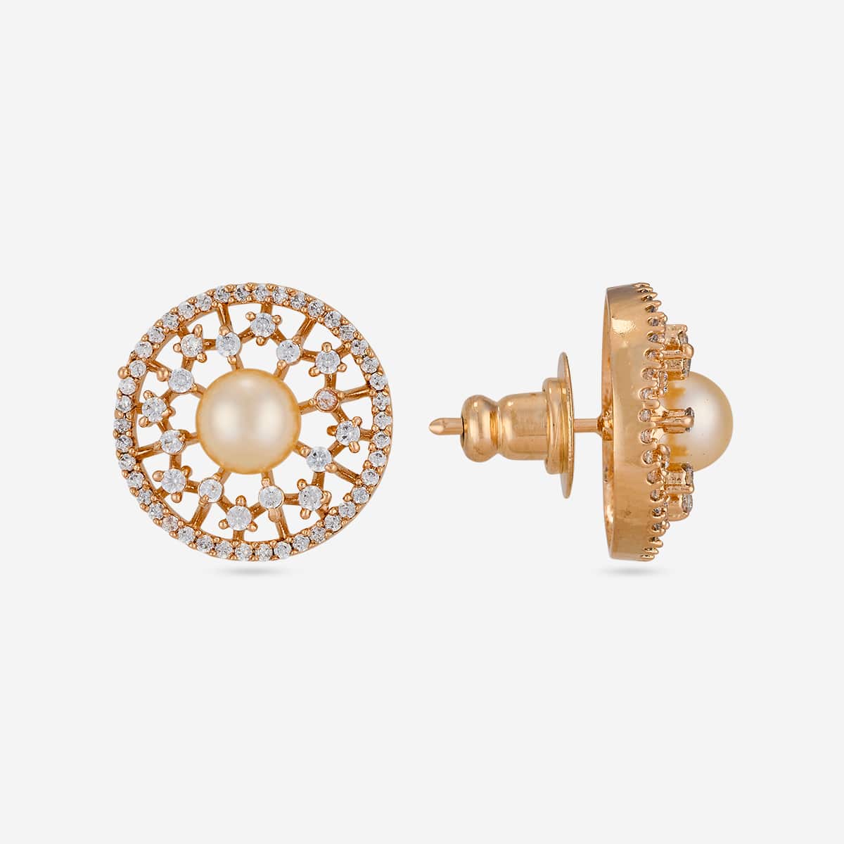 Gold-tone zircon and pearl stud earrings, front and side view.