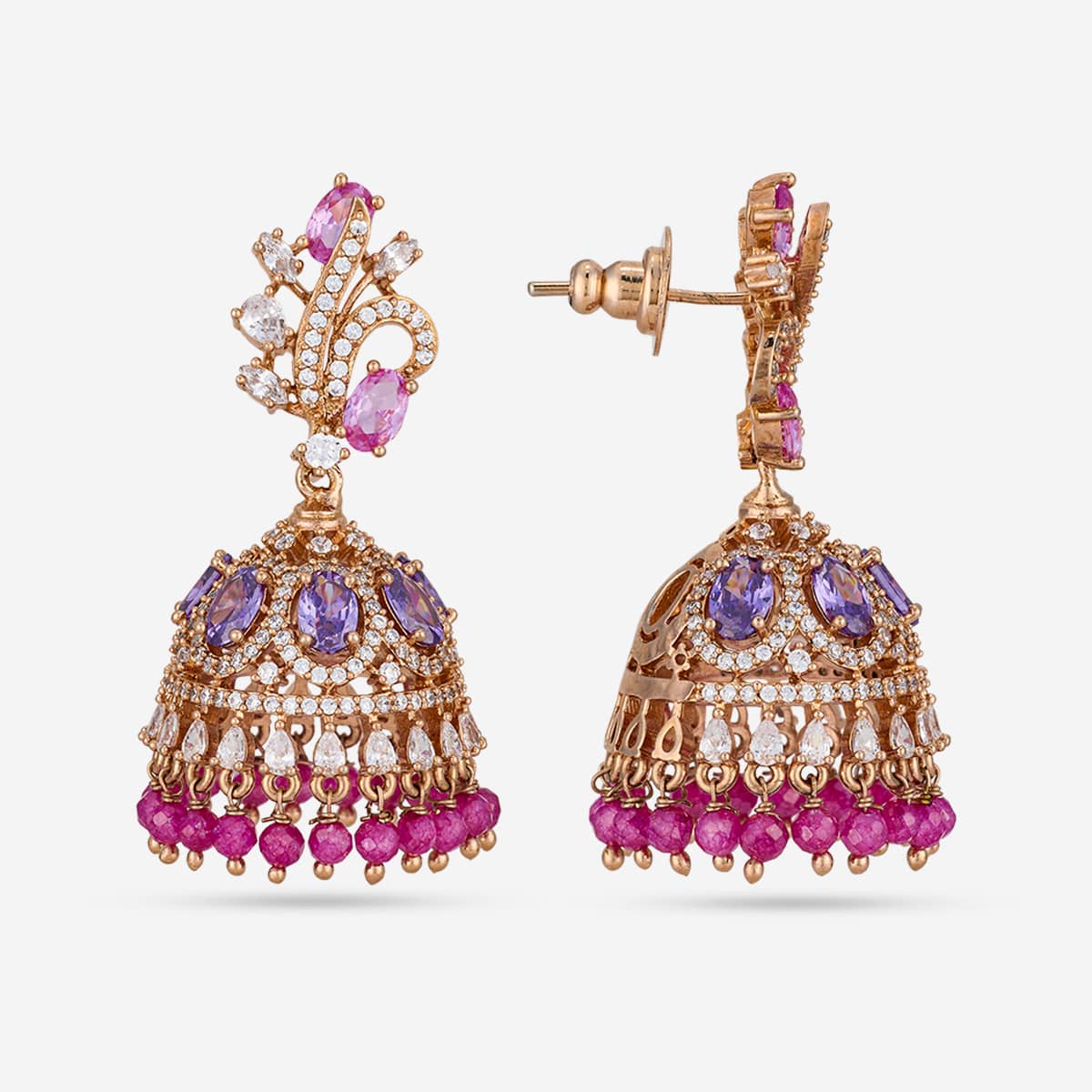 Gold-tone zircon jhumka earrings with purple and pink stones, front and back view.