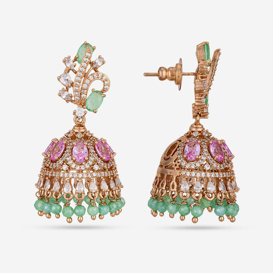 Gold-tone zircon jhumka earrings with green and pink stones, front and back view.