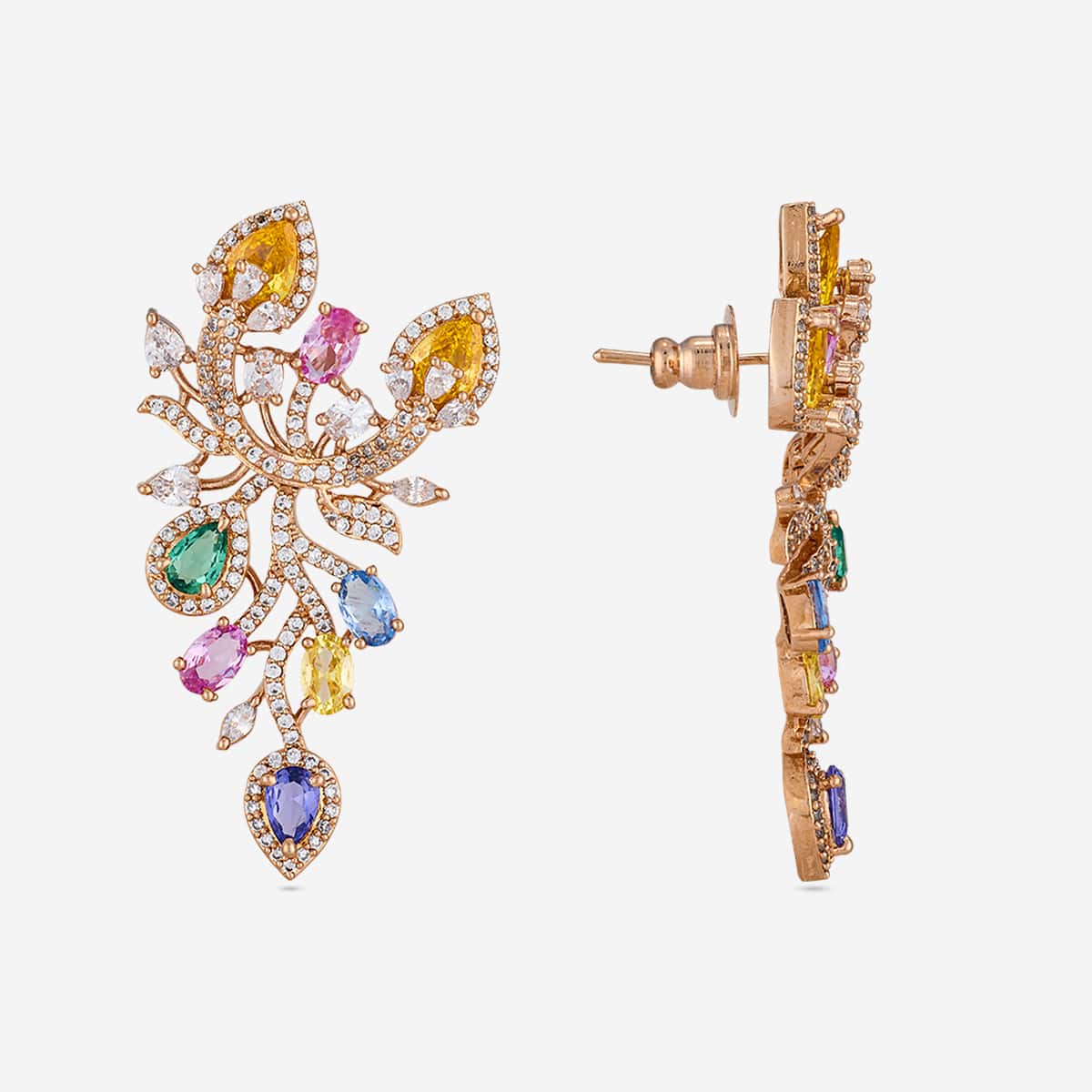Colorful zircon earrings with floral motif, side and front view.