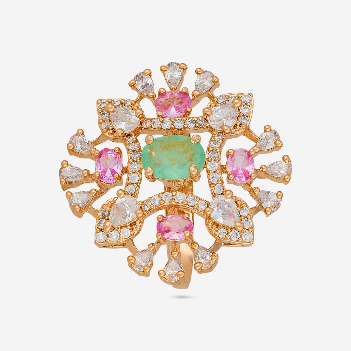 Gold-tone zircon ring with green and pink stones, front view.