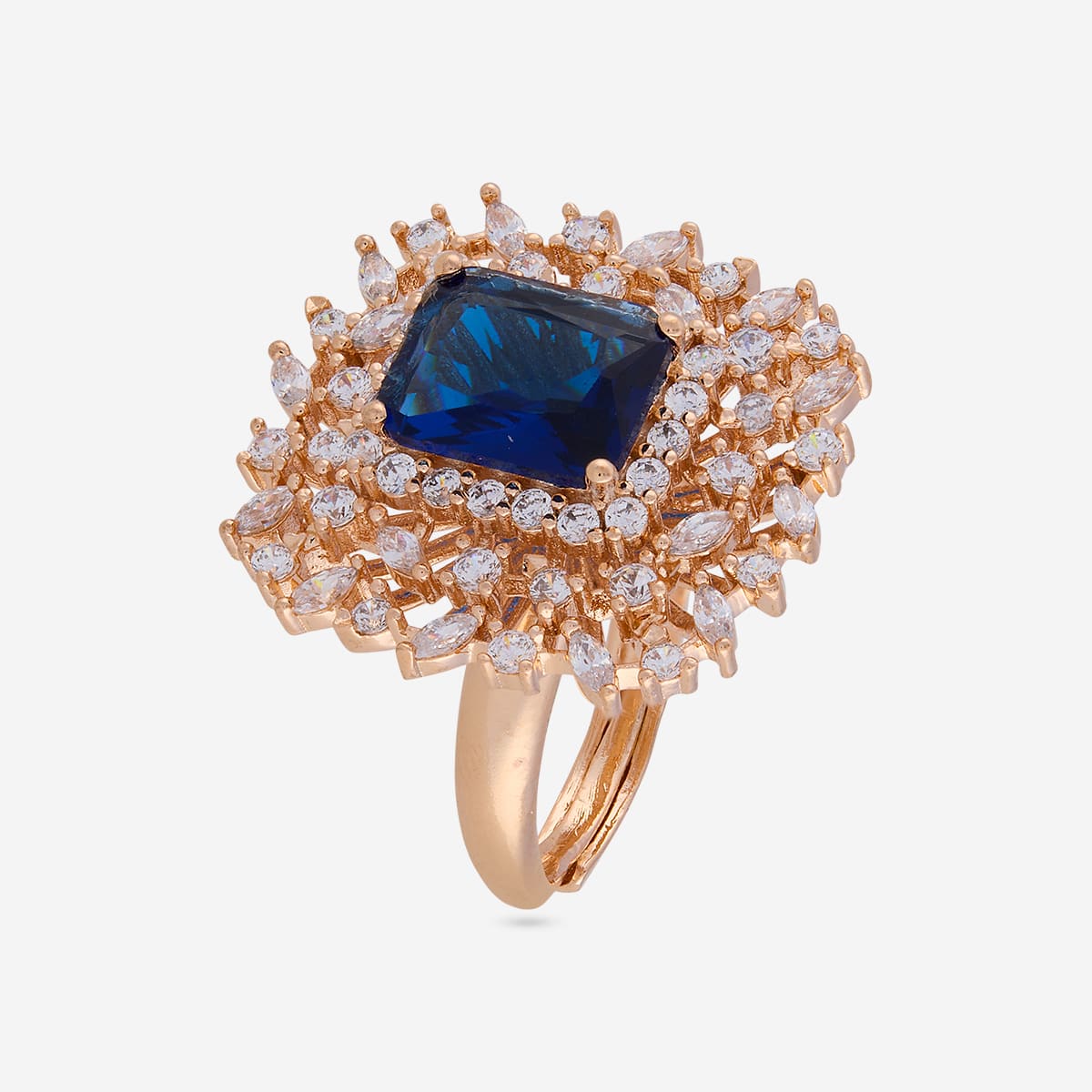 Zircon finger ring with blue stone and white stones, front view.