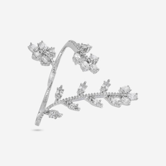Silver-tone zircon two finger ring with clear oval stones, linear design, front view.