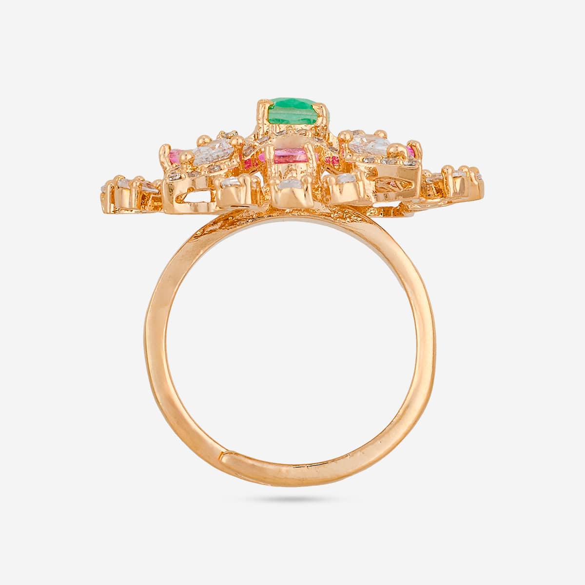 Gold-tone zircon ring with green stone, side profile view.