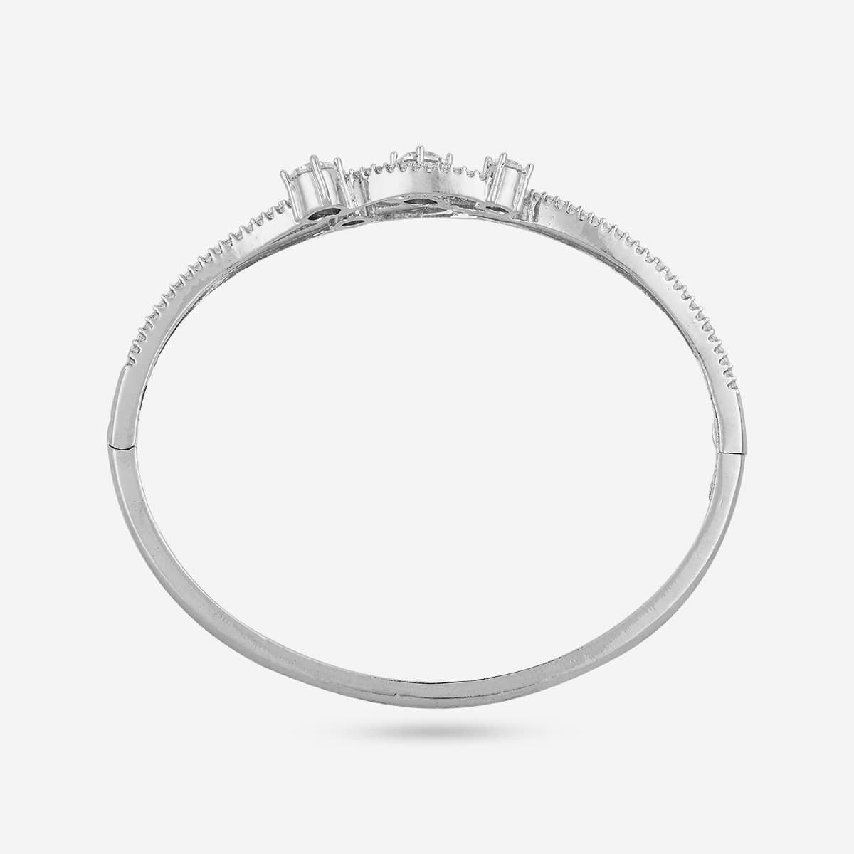 Silver-tone zircon kada with white stones, top view showing full circle.