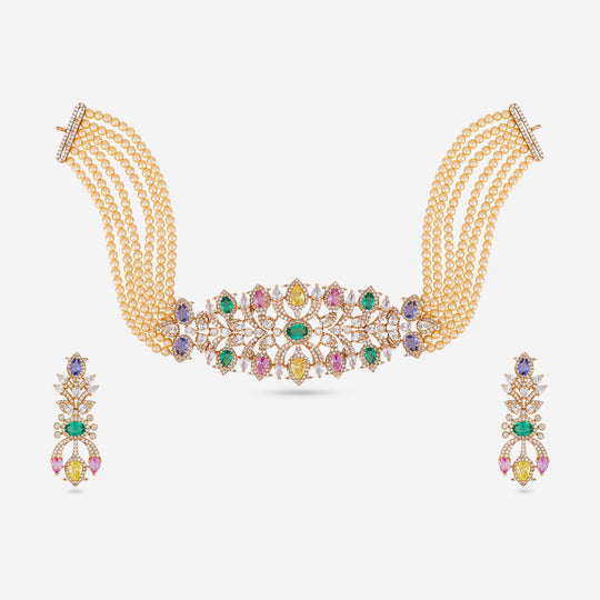 Zircon necklace set with multicolored stones and pearl strands on white background.
