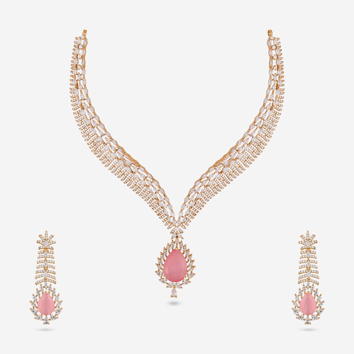 Zircon necklace set with pink stones and white stones on white background.