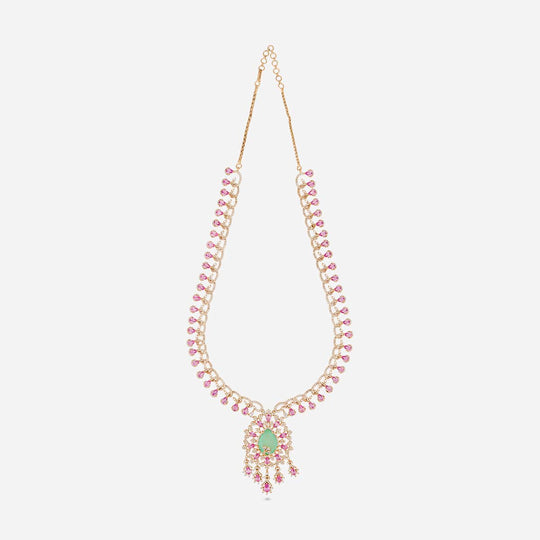 Zircon necklace with pink stones and green pendant, full view on white background.