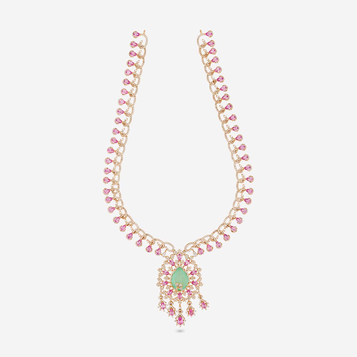 Zircon necklace with pink stones and green pendant on white background.