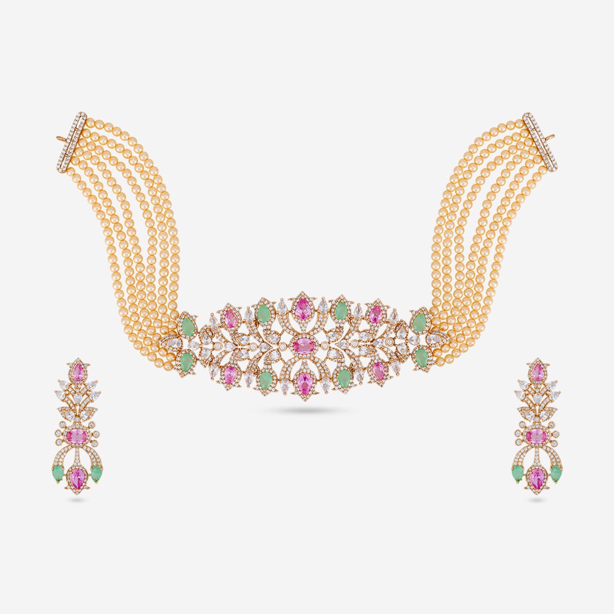 Zircon necklace set with pink and green stones and pearl strands on white background.