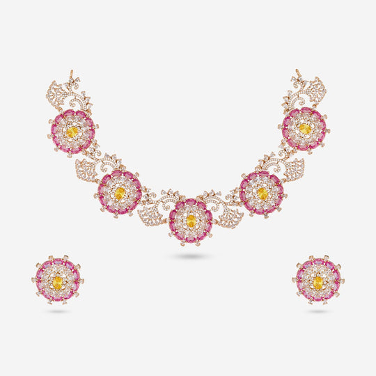Zircon necklace set with pink and yellow stones on white background.