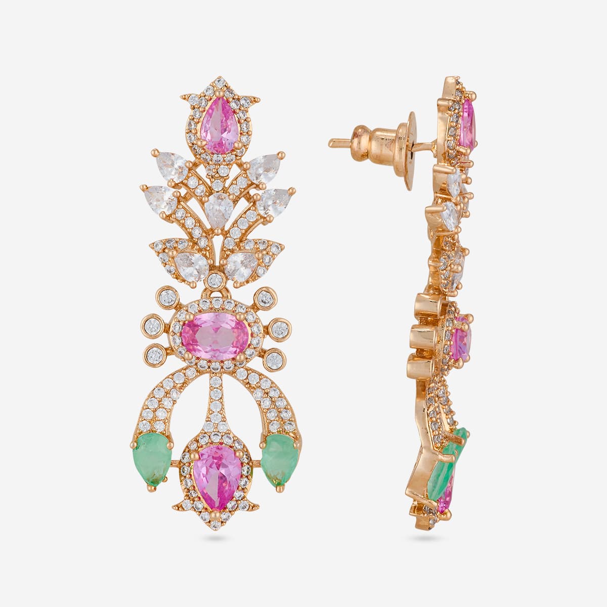Zircon earrings with pink and green stones, side and front view.