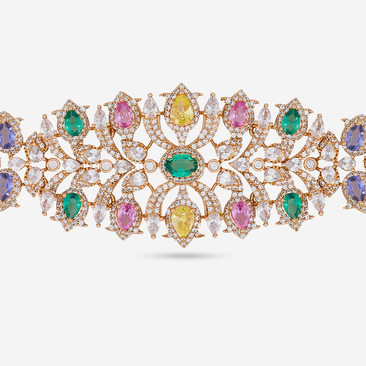 Close-up of zircon necklace with multicolored stones and intricate design.