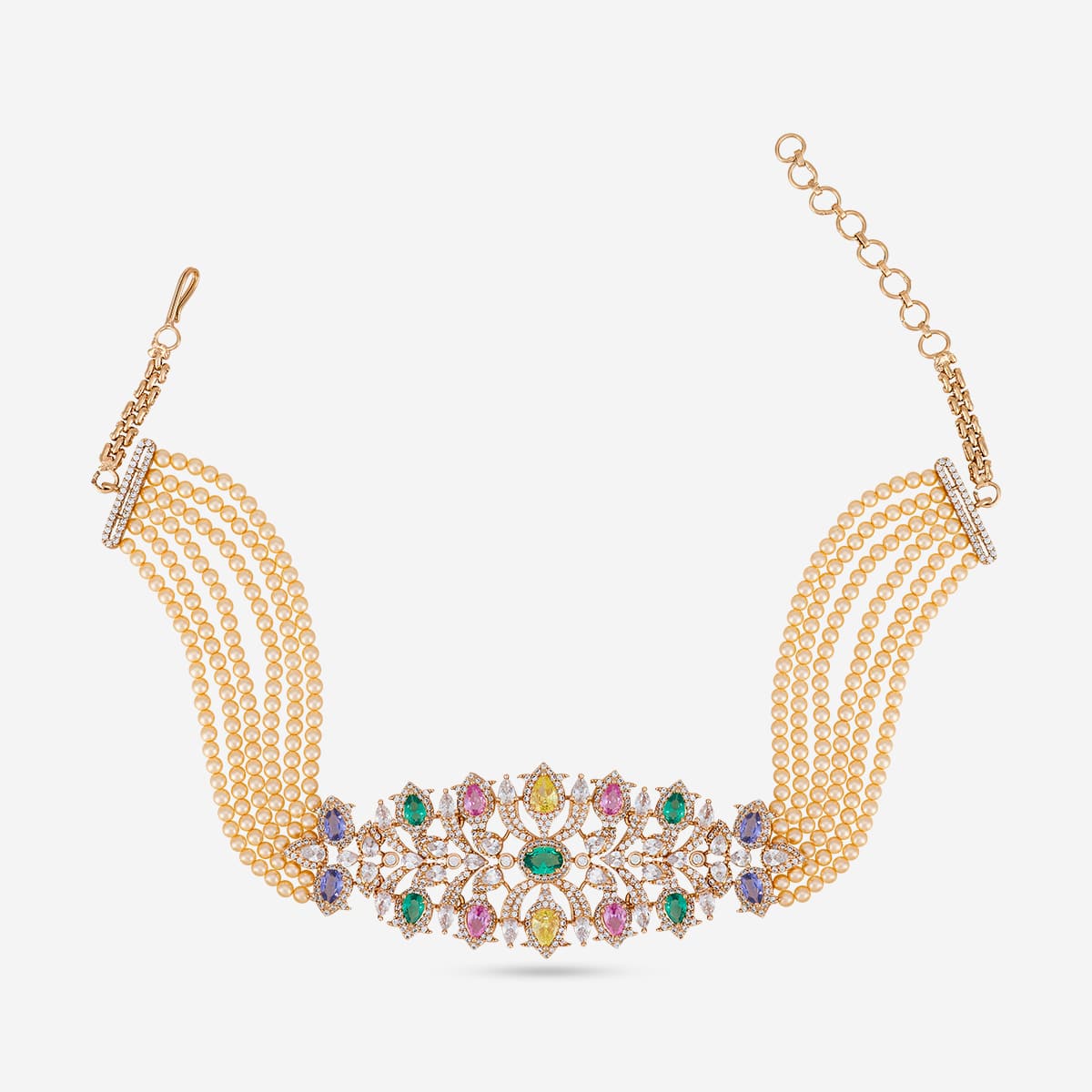 Zircon necklace with multicolored stones and pearl strands, chain view.