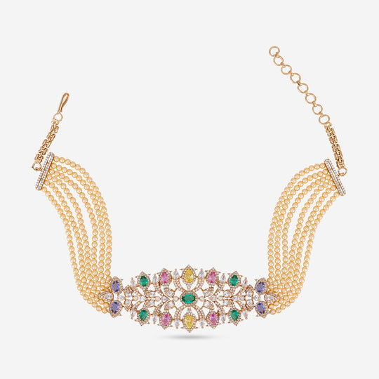 Zircon necklace with multicolored stones and pearl strands, chain view.