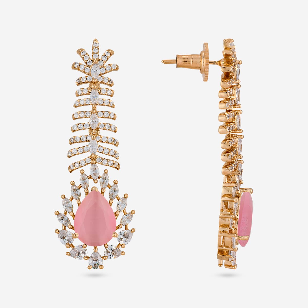 Zircon earrings with pink stones and white stones, front and side view.