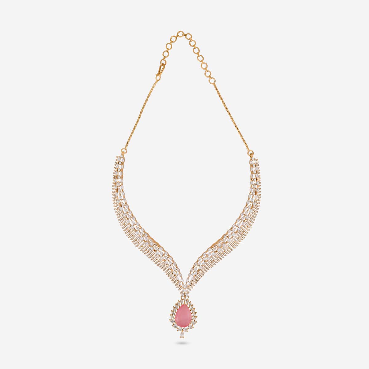 Zircon necklace with pink stone and white stones on white background.