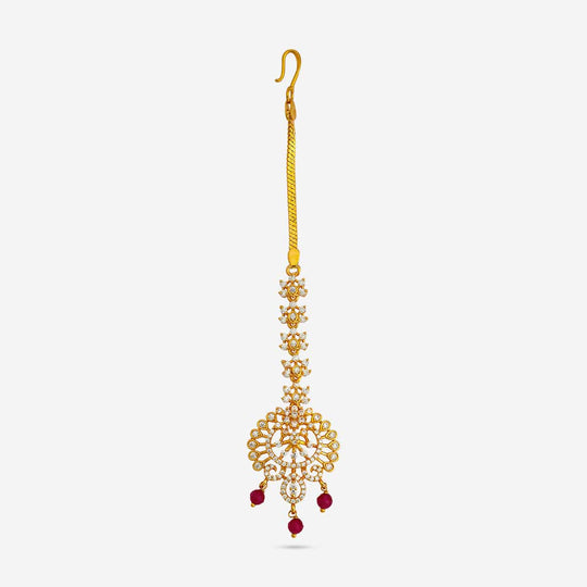 Gold polish zircon tikka with ruby drops and floral motif, hook clasp view.